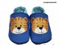 Preview: Lederpuschen jeansblau-babyblau mit beiderseits Stickerei Tigergesicht ocker-rotbraun-creme-schwarz